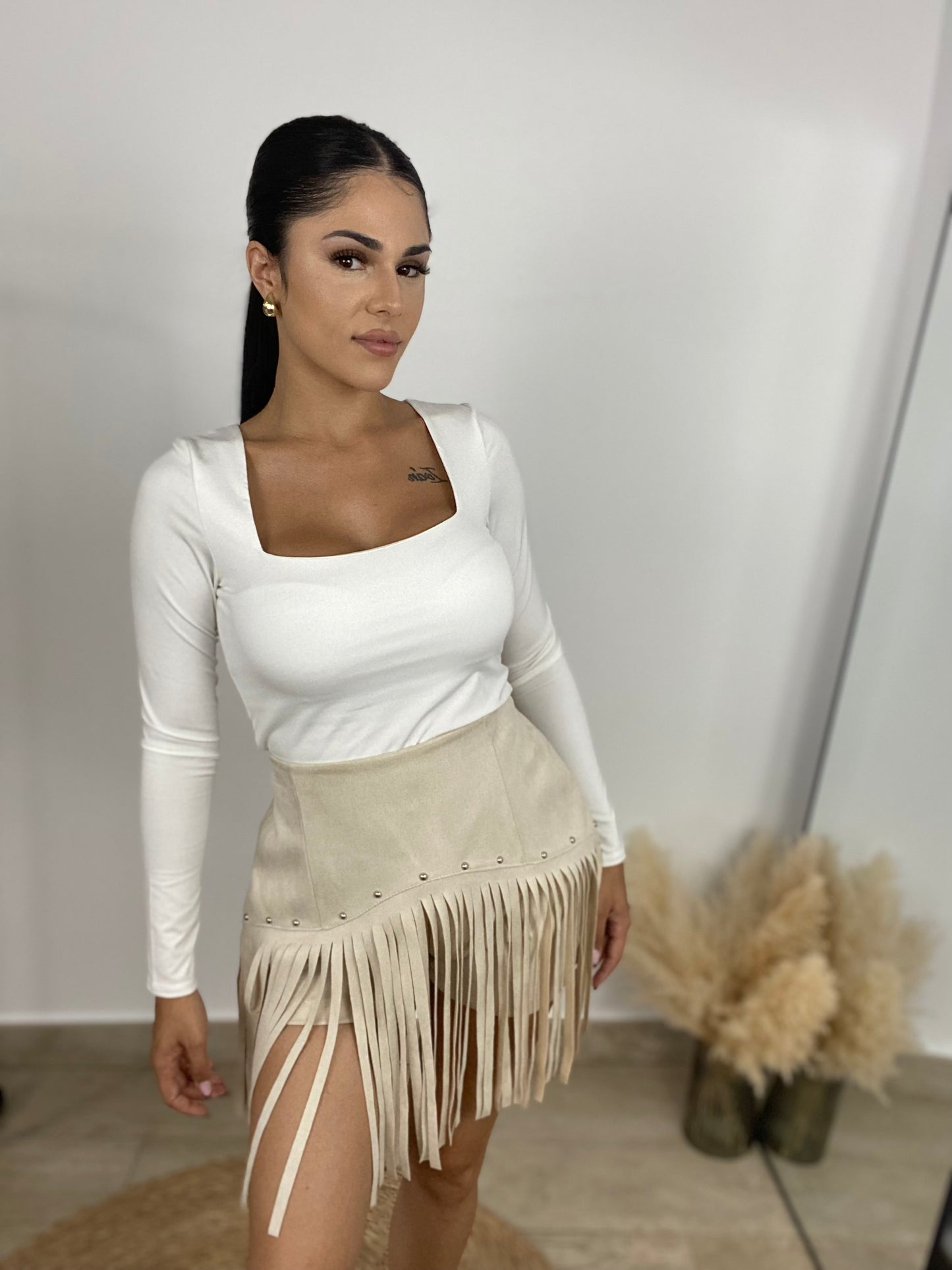 Falda pantalón flecos beige